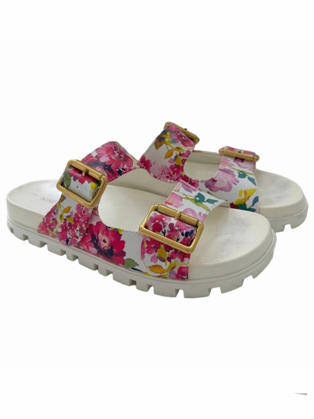 Nine West Timma Double Buckle Platform Sandals Size 9 Floral White Pink